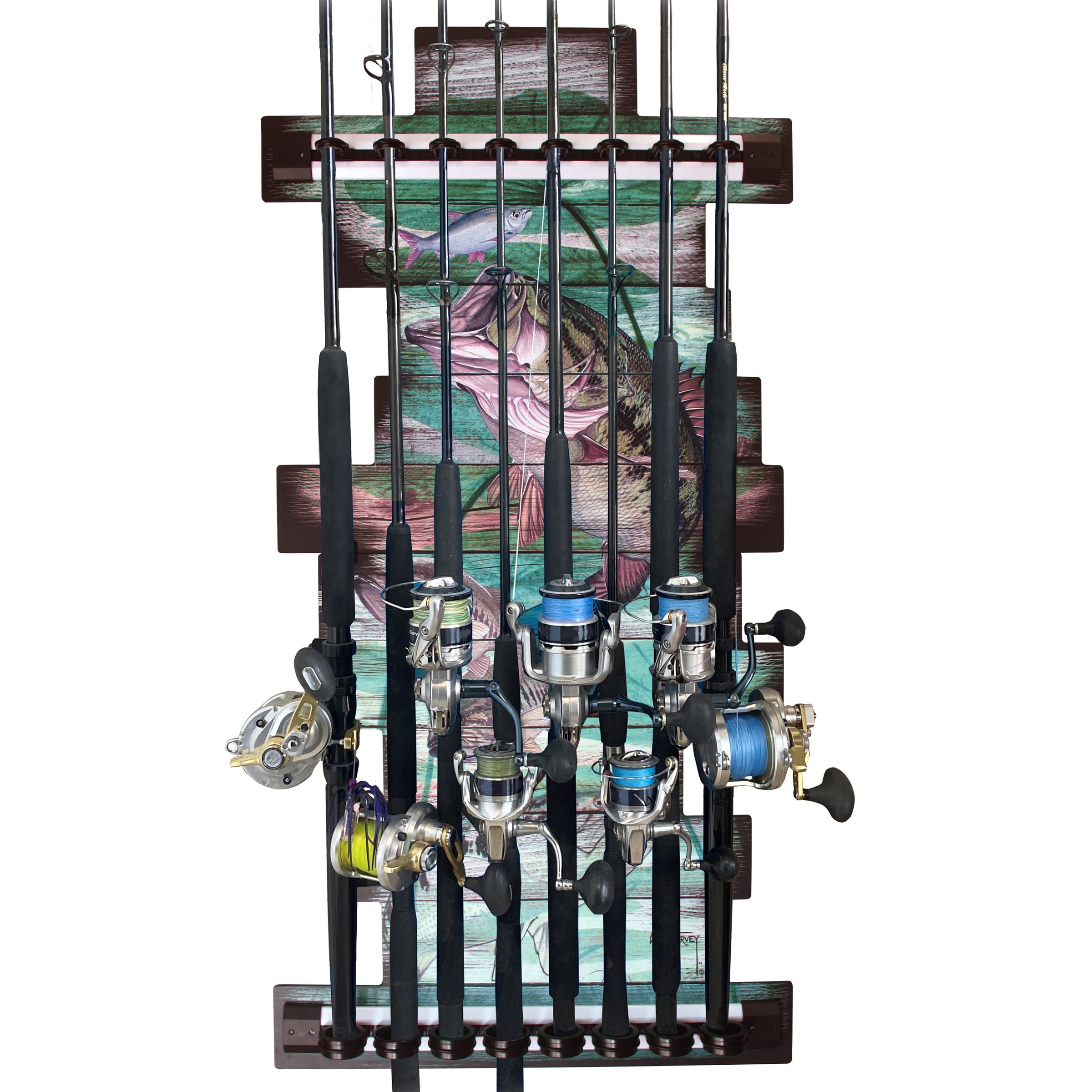 fishing rod holder storage Guy Harvey Bass 8 Rod Wall Rack Rush Creek
