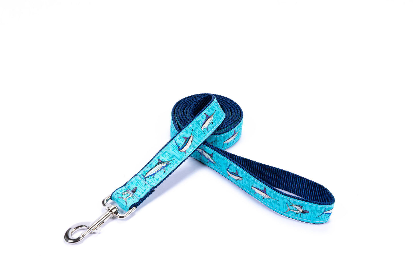 Guy Harvey Billfish Collage Dog Leash with blue nylon strap and billfish artwork