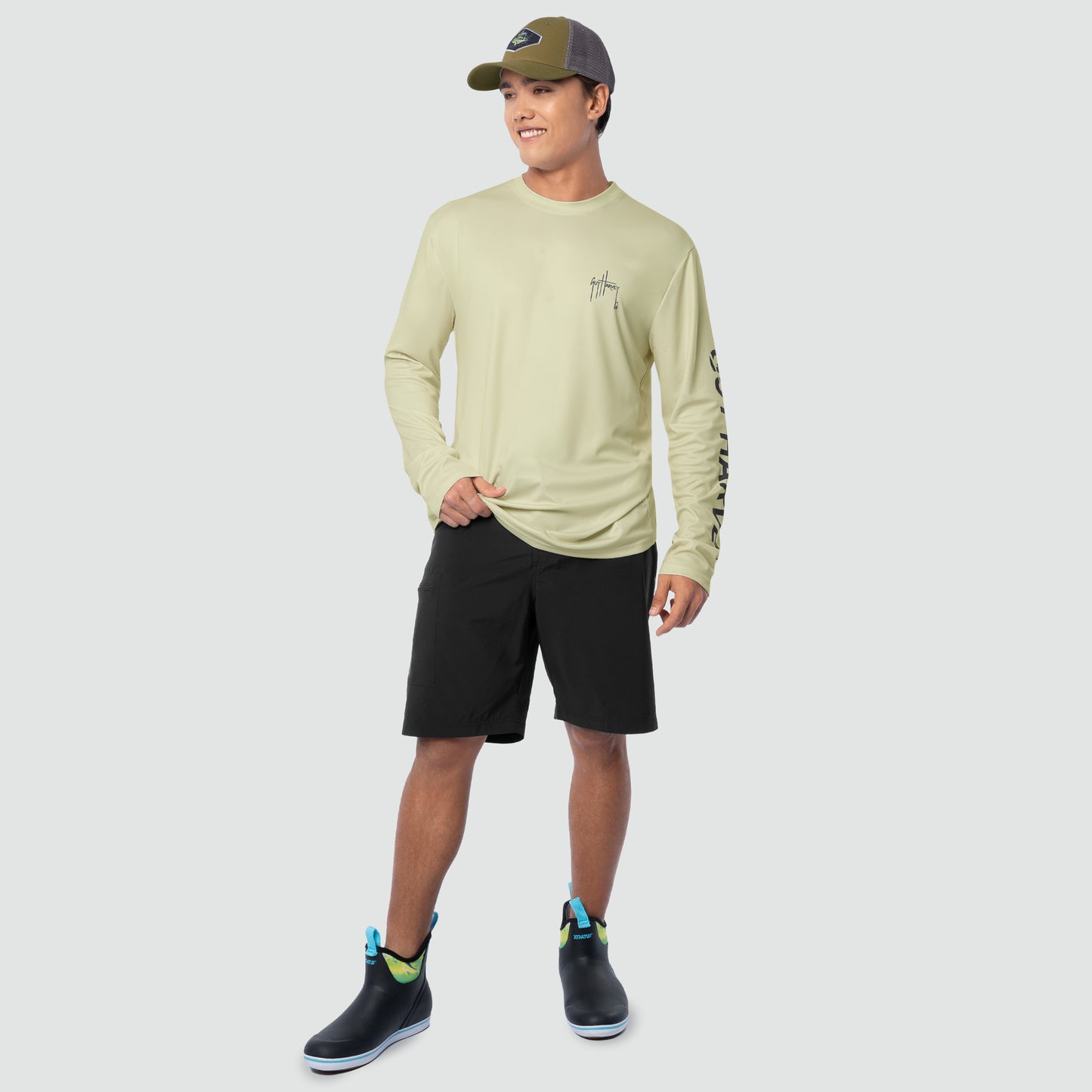 Bone white sun protection shirt with the full outfit from Guy Harvey