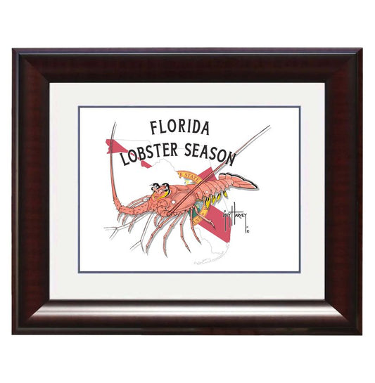 Framed artwork with a lobster and 'Florida Lobster Season' text.