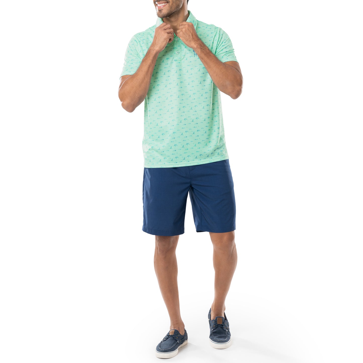 Men's Short Sleeve Green Printed Performance Polo Shirt