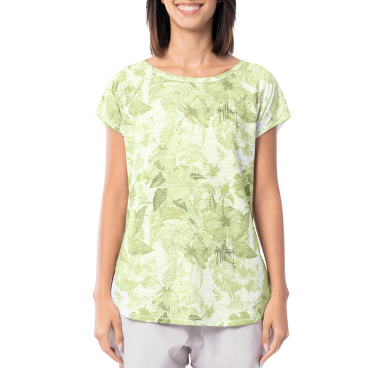 Women's Hibiscus Tonal Short Sleeve Poly/Rayon Slub Top