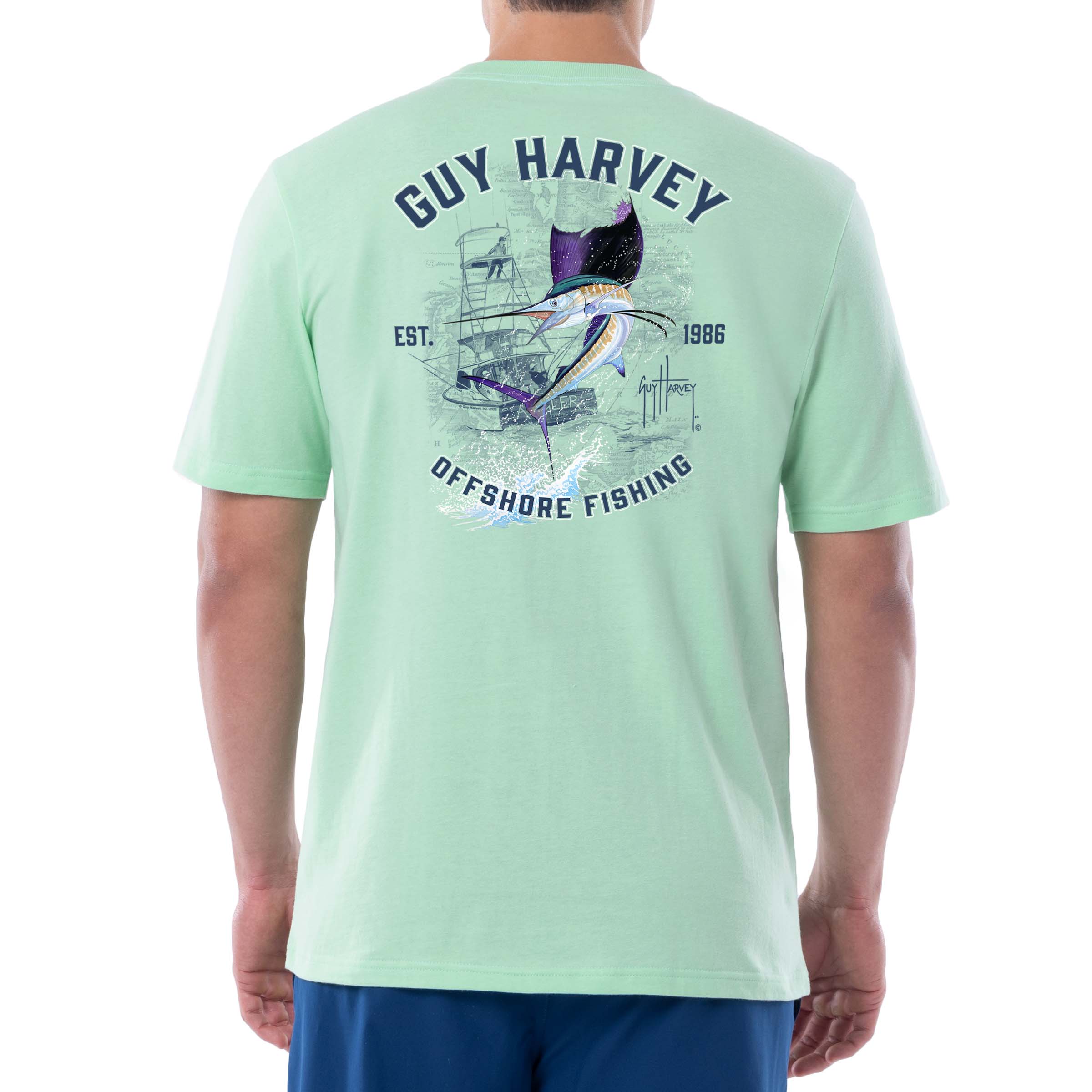 Guy Harvey Mens Offshore Graphic Pocket Short Sleeve Tee - Aqua Blue - XX-Large