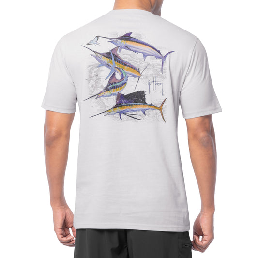 A short sleeve fishing t-shirt for men featuring Guy Harvey artwork in the back of marlins and sailfish.