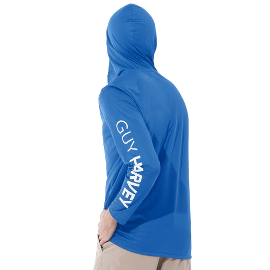 Back view of Guy Harvey men's performance fishing hoodie in azure blue showcasing UPF 50+ protection.