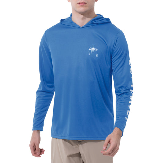 Guy Harvey men's performance fishing hoodie in azure blue, front view.
