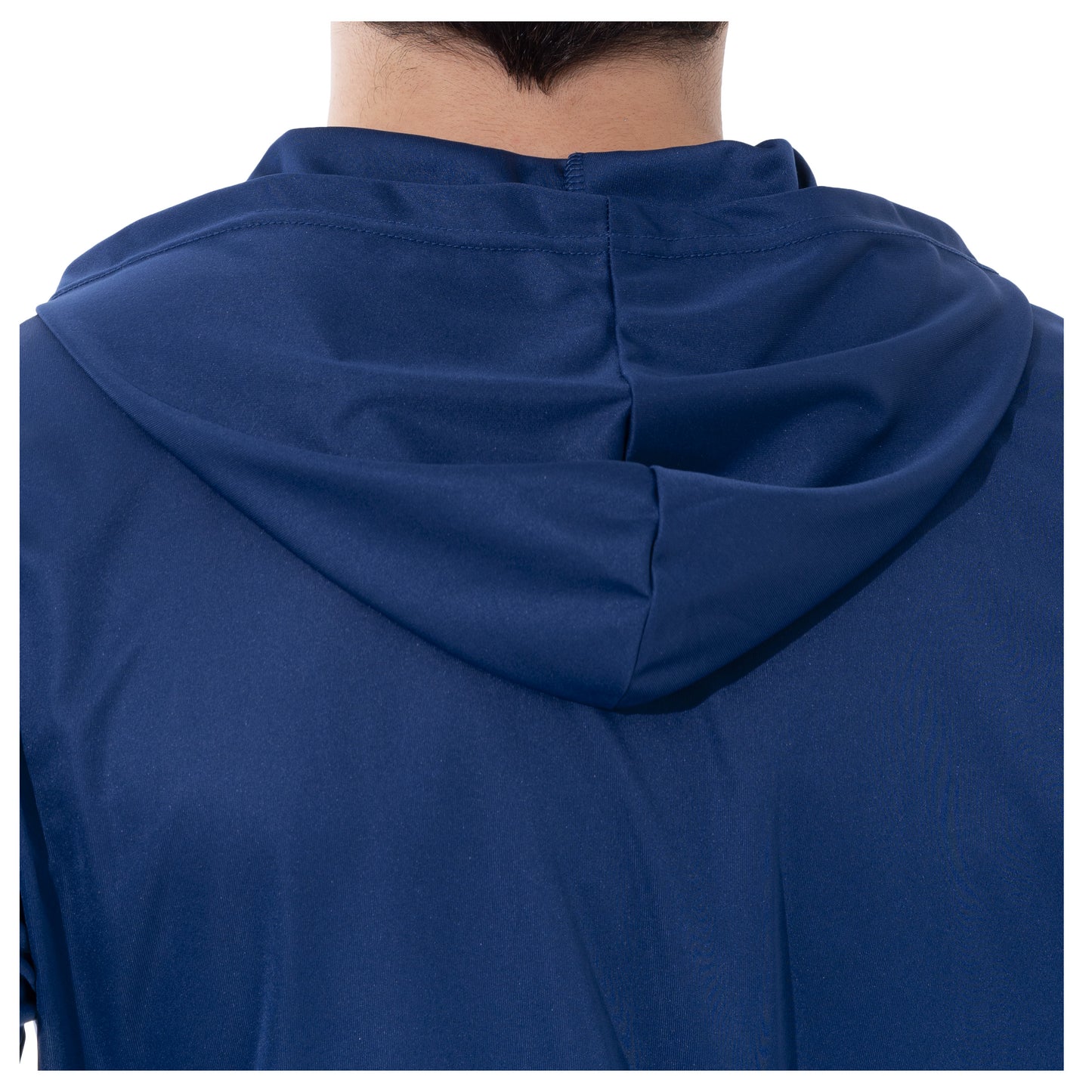 Close-up on the hood at the back for the estate blue performance fishing hoodie.