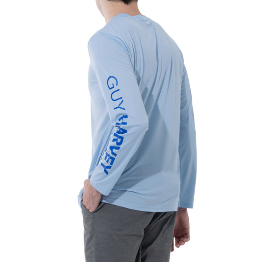 Back view of Guy Harvey men's performance fishing shirt in powder blue showcasing UPF 50+ protection.