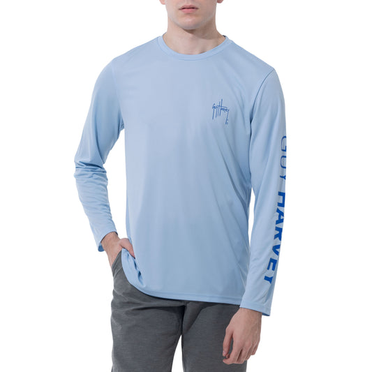 Guy Harvey men's long sleeve performance fishing shirt in powder blue, front view.