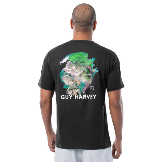 Back of Guy Harvey Men's Home of the Bass Lightweight Tee featuring bass fish artwork and lily pads with bold GUY HARVEY logo