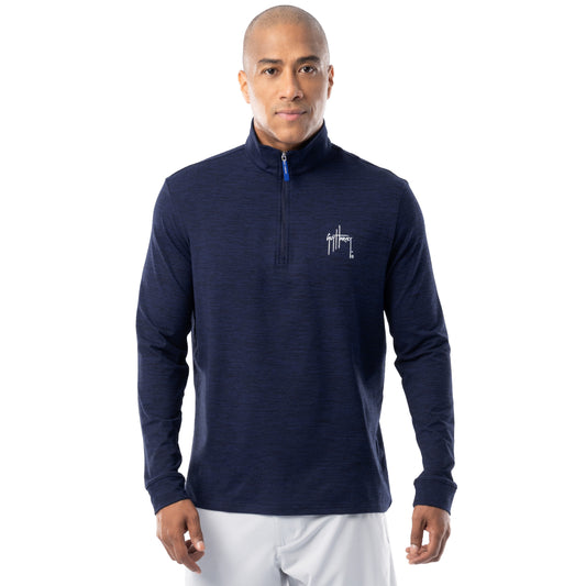 Guy Harvey men’s navy fleece quarter zip pullover front view, brushed mid-weight fabric with minimalist logo