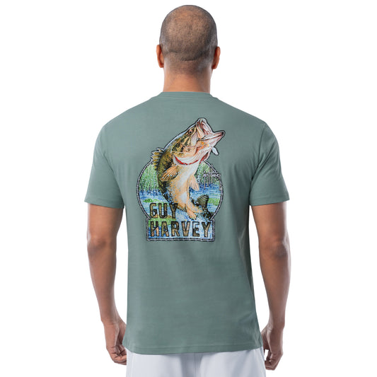 Men’s freshwater bass fishing T-shirt in green with original Guy Harvey artwork on the back.