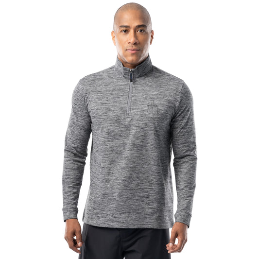 Guy Harvey men’s heather gray fleece quarter zip pullover front view, brushed mid-weight fabric with minimalist logo