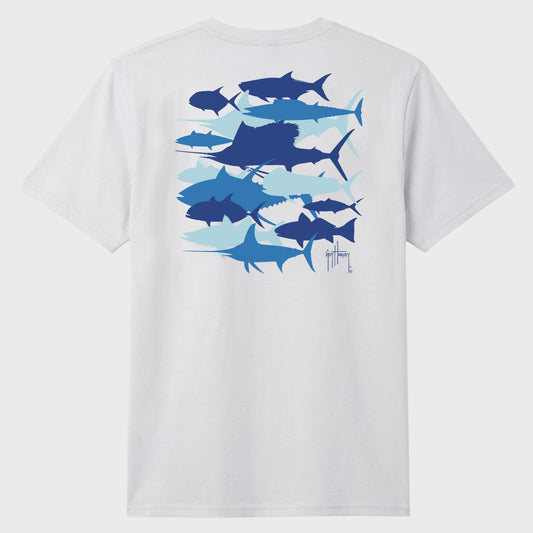 White t-shirt with blue fish graphics on a light grey background