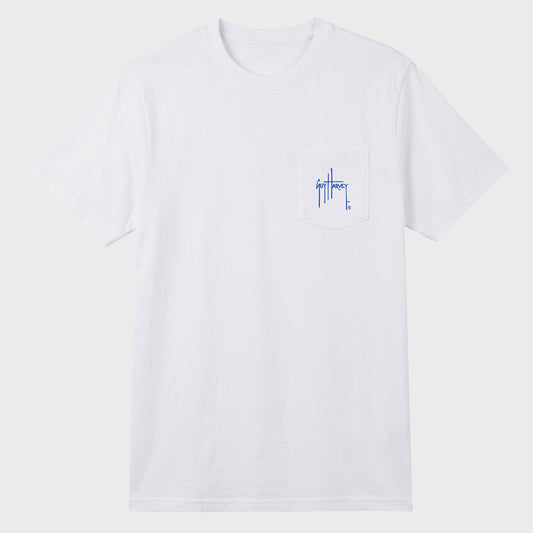 White t-shirt with a small blue Guy Harvey logo on a white background
