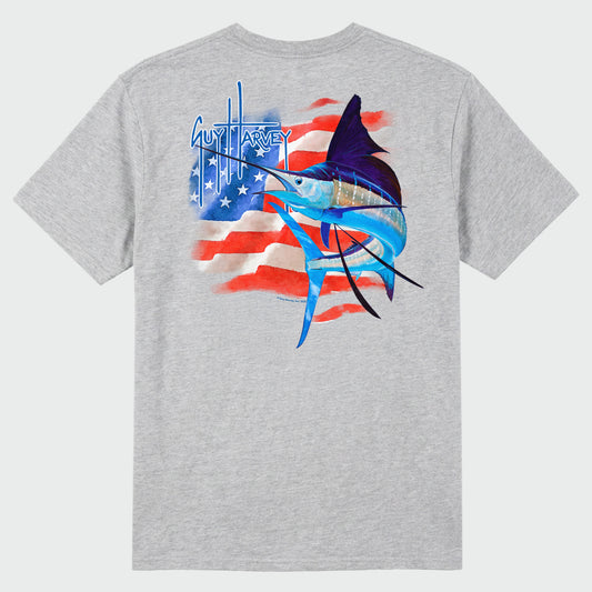 Gray t-shirt with a graphic of a marlin and American flag design on a white background