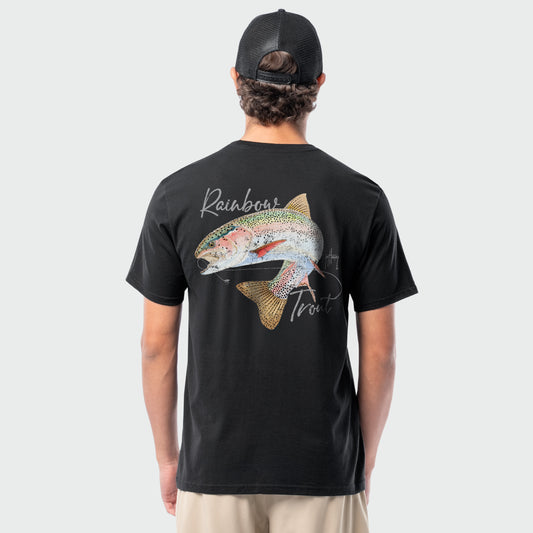 Person wearing a black t-shirt with a rainbow trout graphic on the back, standing against a plain background.