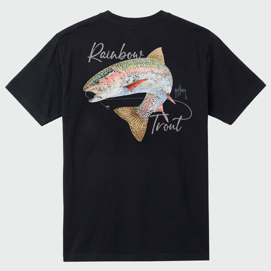 Black t-shirt with a colorful trout graphic and 'Rainbow Trout' text on a light gray background