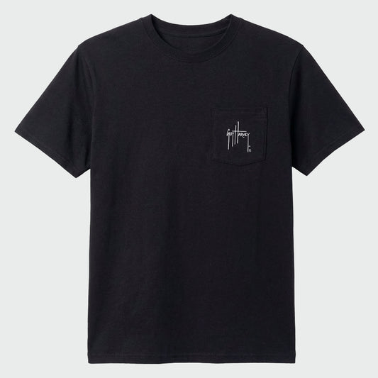 Black t-shirt with a small pocket and Guy Harvey logo on a light gray background