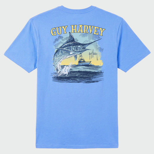 Blue Guy Harvey t-shirt with a marlin graphic on the back.