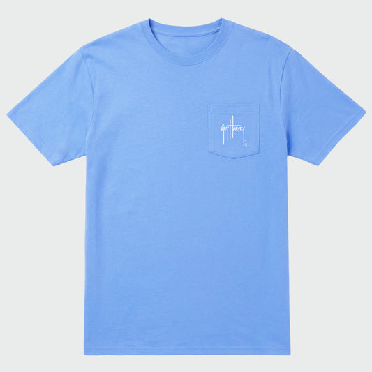 Light blue t-shirt with a small pocket and Guy Harvey logo on a light gray background