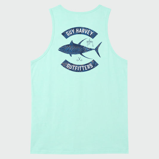 Flat lay image of a light green tank top from Guy Harvey with a Tuna design on the back.