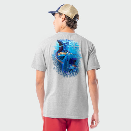 Person wearing a gray t-shirt with a sailfish graphic on the back, standing against a light gray background.
