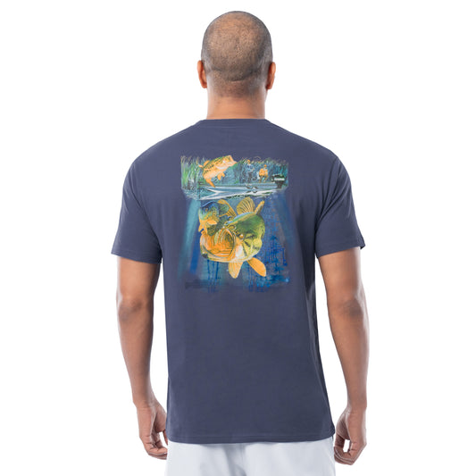 Back of Guy Harvey Men's Nitro Lightweight Tee showing bass boat and underwater bass strike graphic