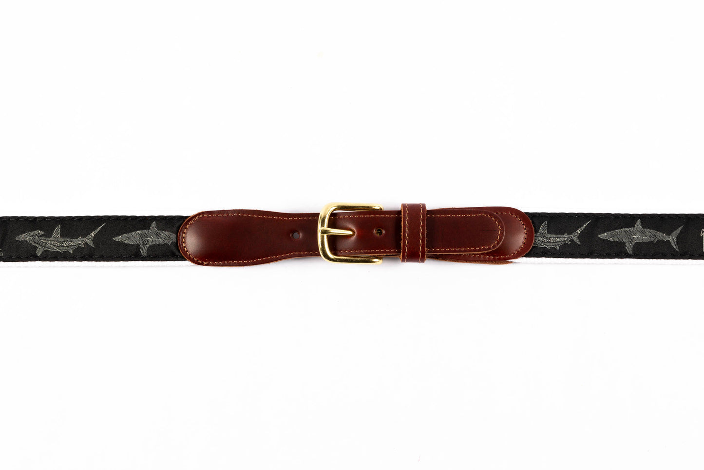 Guy Harvey men's Hammerhead and Mako Shark leather tab belt with black needlepoint shark design and brass buckle.