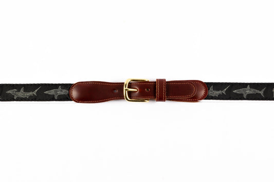 Guy Harvey men's Hammerhead and Mako Shark leather tab belt with black needlepoint shark design and brass buckle.