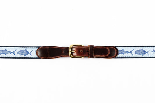 Guy Harvey men's Keys Slam leather tab belt with light blue needlepoint game fish design and brass buckle.
