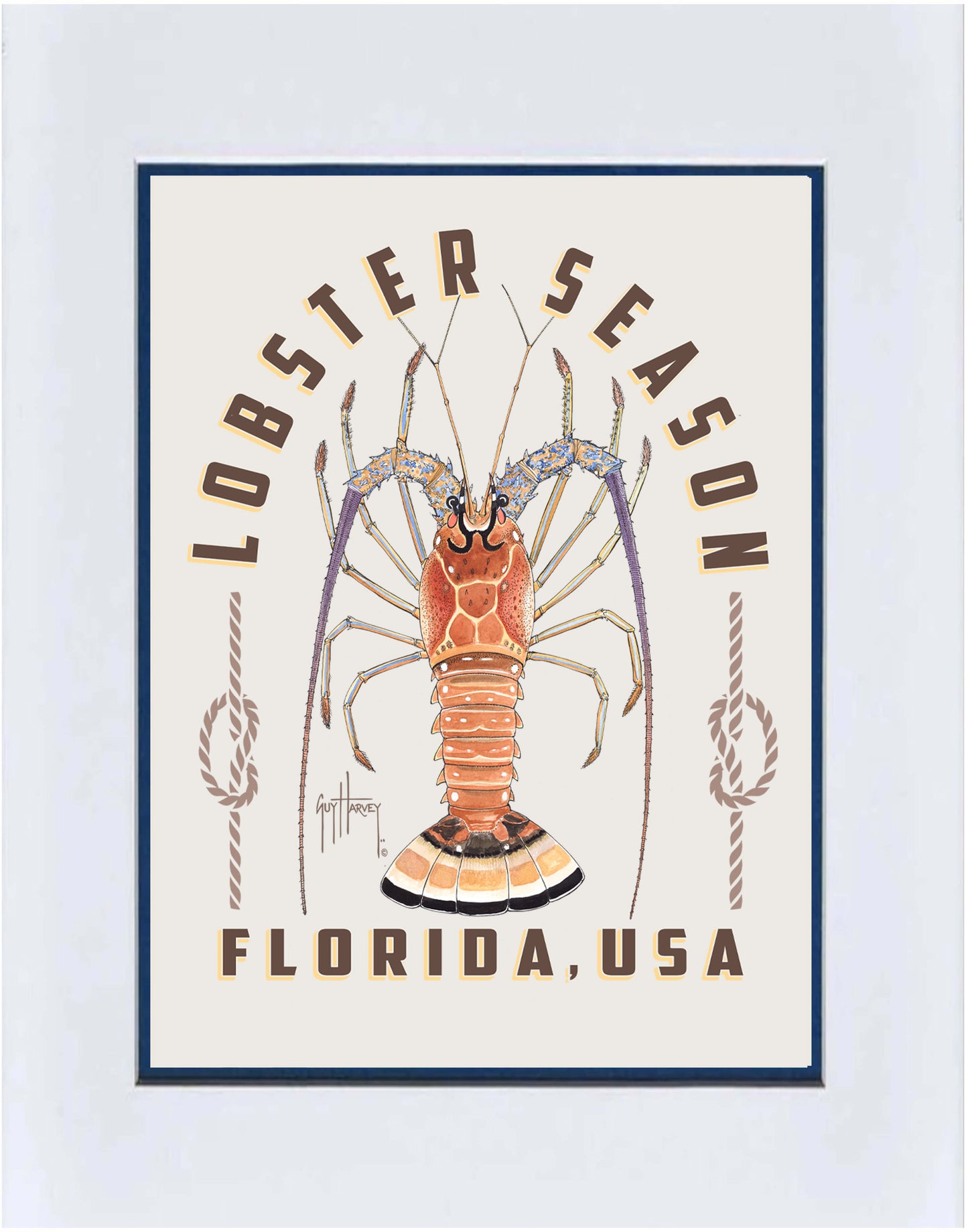 Poster with a lobster illustration and 'Lobster Season Florida, USA' text on a light blue background.