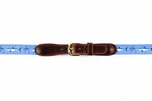 Guy Harvey men's Mako Shark leather tab belt with light blue needlepoint shark design and brass buckle.