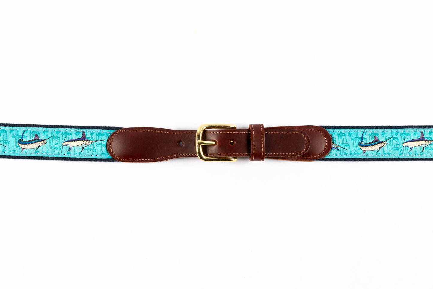 Guy Harvey men's Billfish Collage leather tab belt with turquoise needlepoint marlin design and brass buckle.