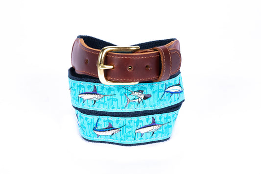 Guy Harvey Men’s Bill Fish Collage Leather Tab Belt with aqua cotton webbing, colorful billfish artwork, brown leather tabs, and brass buckle