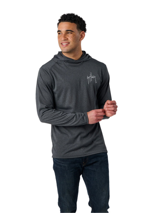 Man wearing a gray long-sleeve hoodie with a logo on a white background