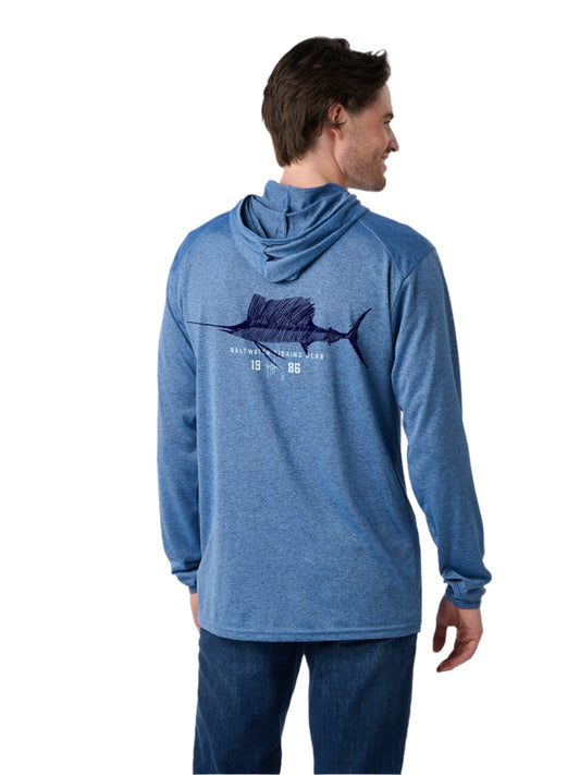 Man wearing a blue hoodie with a fish design on the back against a white background
