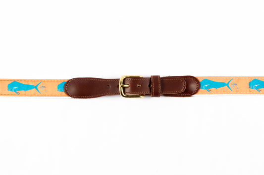Guy Harvey men's Dorado Mahi Mahi leather tab belt with tan needlepoint mahi-mahi design and brass buckle.