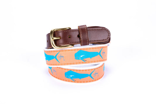 Guy Harvey Men’s Dorado Leather Tab Belt with orange cotton webbing, bright blue dorado fish art, brown leather tabs, and brass buckle.