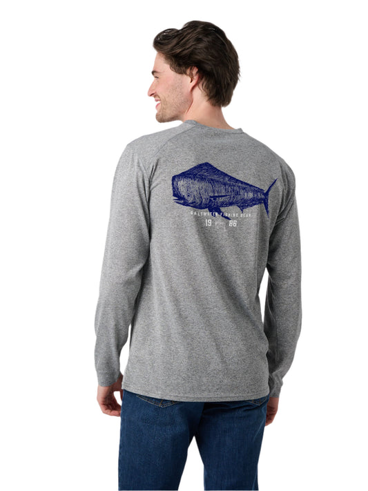 Man wearing a gray long-sleeve shirt with a blue graphic on the back against a white background