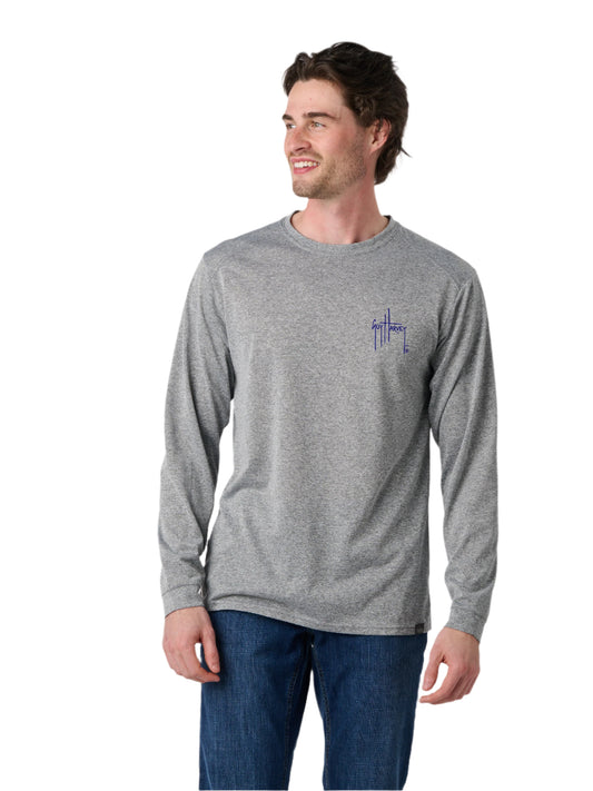 Man wearing a gray long-sleeve shirt with a small logo on a white background