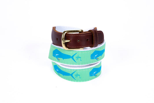 Guy Harvey Men’s Dorado on Green Leather Tab Belt with green cotton webbing, blue dorado fish artwork, brown leather tabs, and brass buckle.