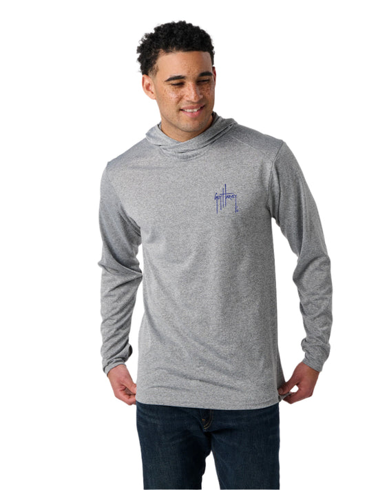 Man wearing a gray long-sleeve shirt with a logo on a white background