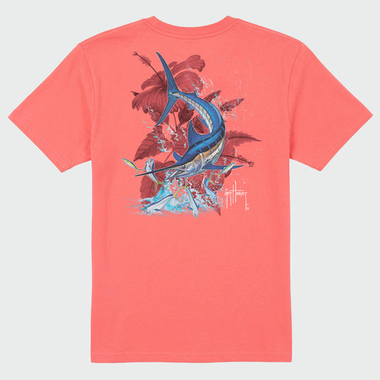 Flat Lay image of a coral Guy Harvey t-shirt featuring a jumping marlin.
