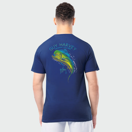 Person wearing a Guy Harvey blue t-shirt with a mahi fish graphic on the back against a white background