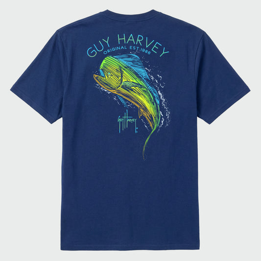 Flat Lay image of a Guy Harvey blue t-shirt with a mahi fish graphic on the back against a light gray background