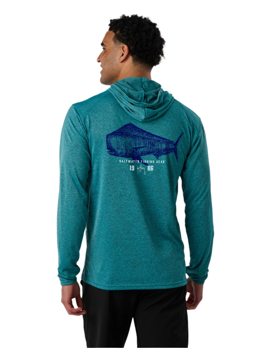 Person wearing a teal hoodie with a fish graphic and text on the back, on a white background