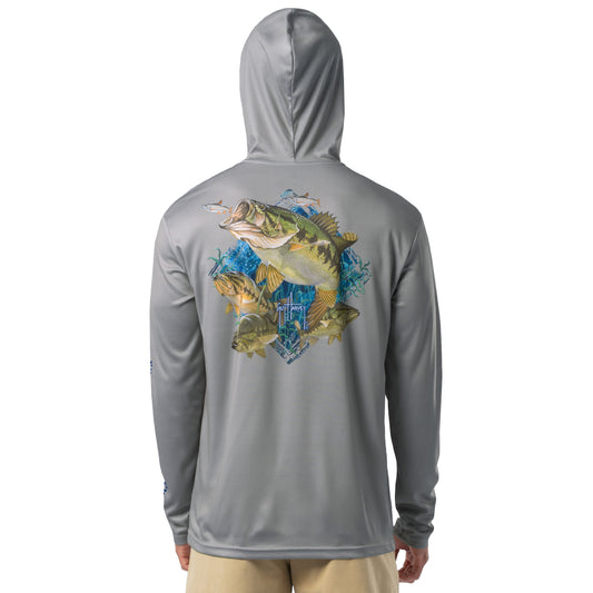 Back view of model wearing light gray Guy Harvey Men’s Bass Diamond Sun Protection Hoodie with detailed fish art.
