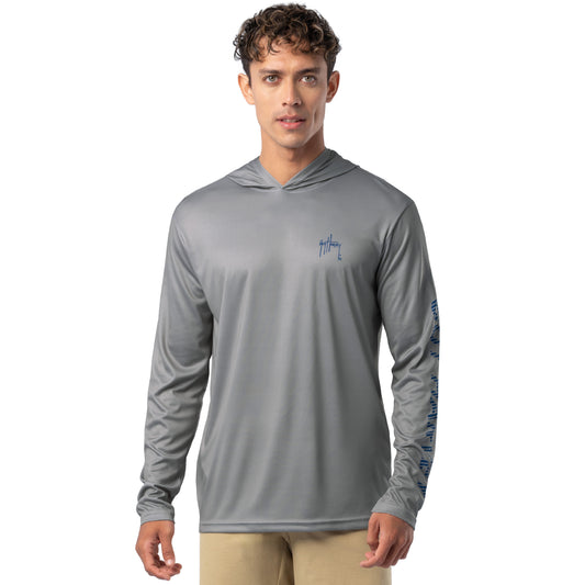 Front view of light gray Guy Harvey Men’s Bass Diamond Sun Protection Hoodie with blue logo on chest.