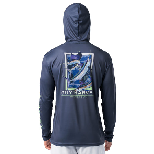 Back view of navy blue Guy Harvey Men’s Billfish Slam Sun Protection Hoodie featuring marlin, sailfish, and swordfish artwork.